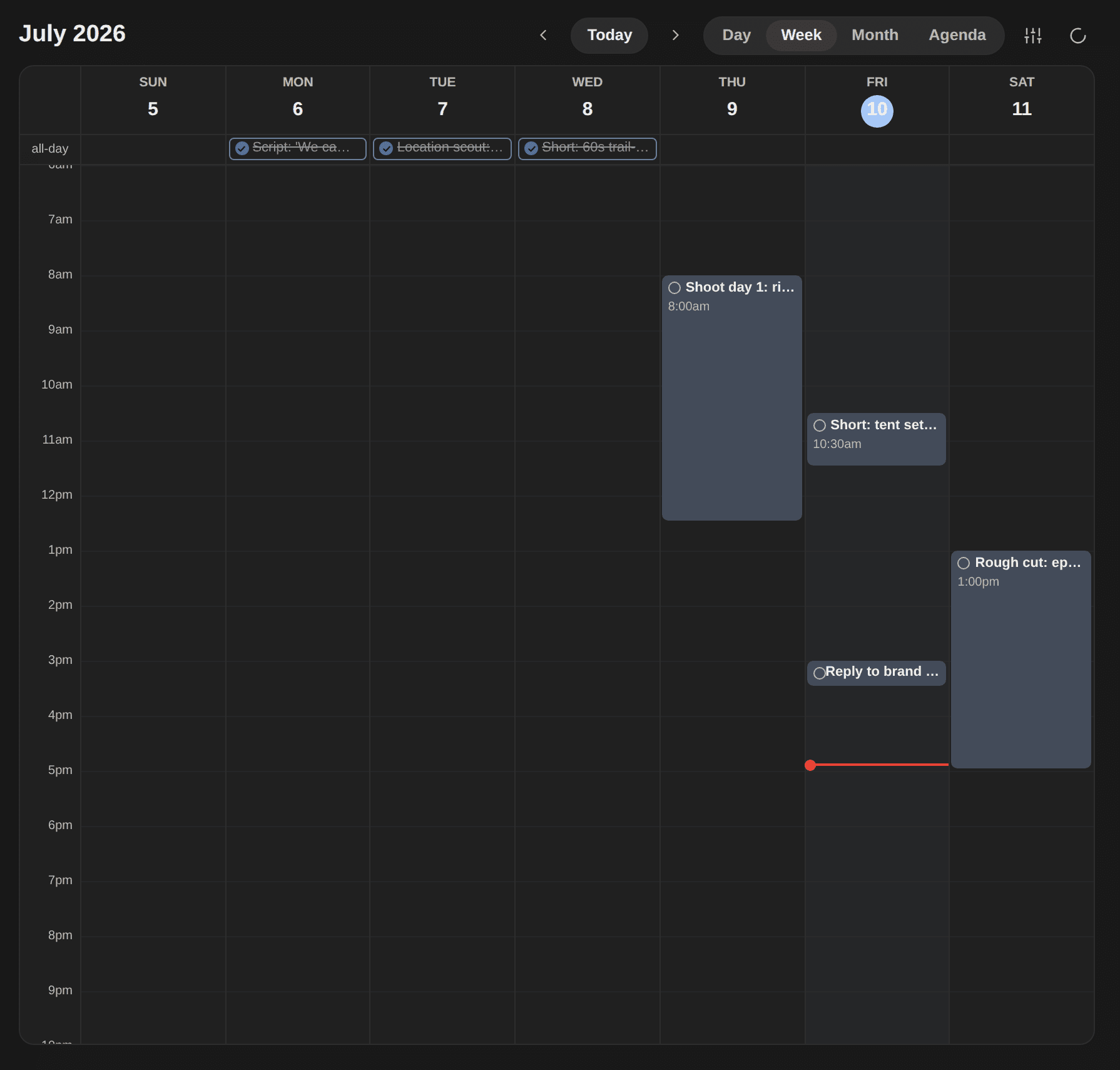 CreatorTrack Calendar week view with timed tasks placed on the grid and completed all-day items struck through