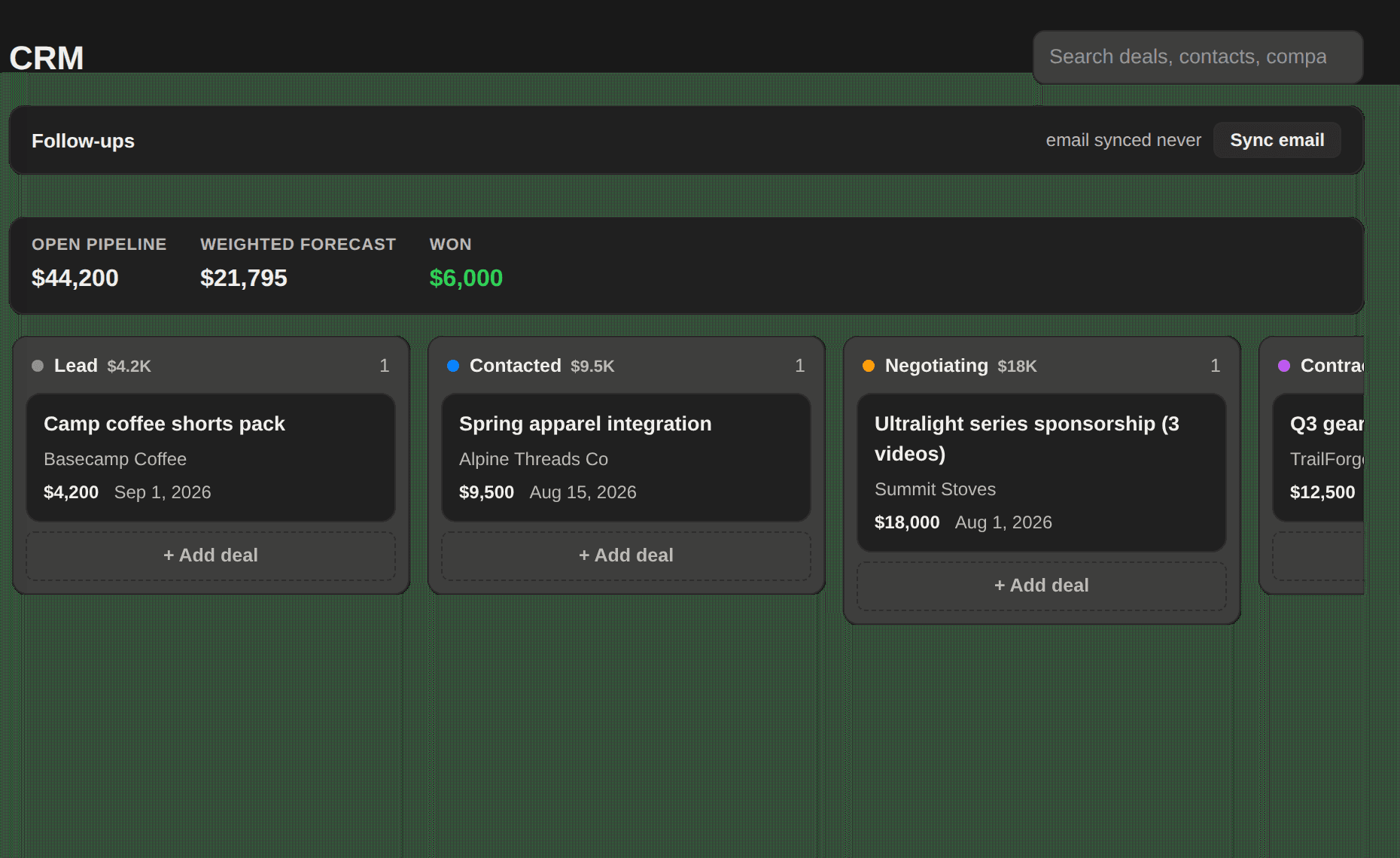 CreatorTrack CRM pipeline with sponsorship deals in Lead, Contacted, and Negotiating stages plus forecast totals