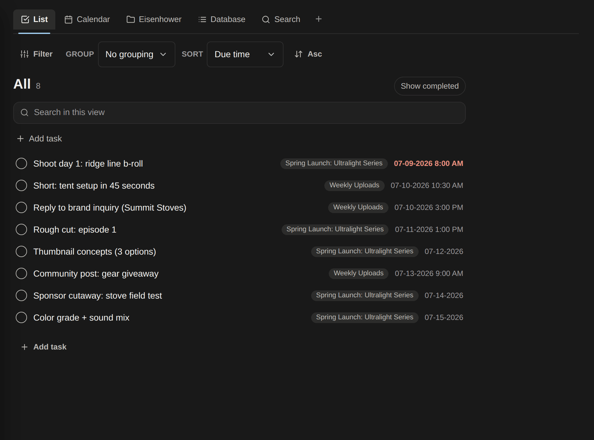 The CreatorTrack Tasks app: a task list with due times, project tags, and view tabs in the dark workspace UI