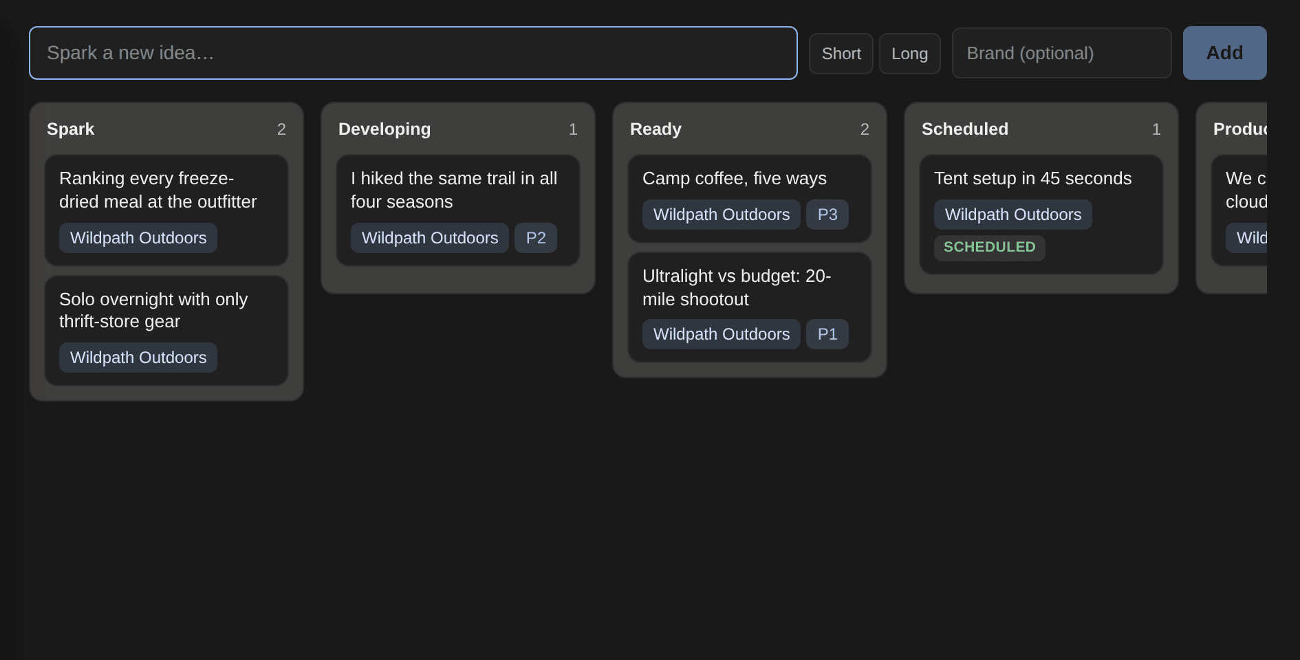 CreatorTrack Content Ideas board with idea cards in Spark, Developing, Ready, Scheduled, and Production columns