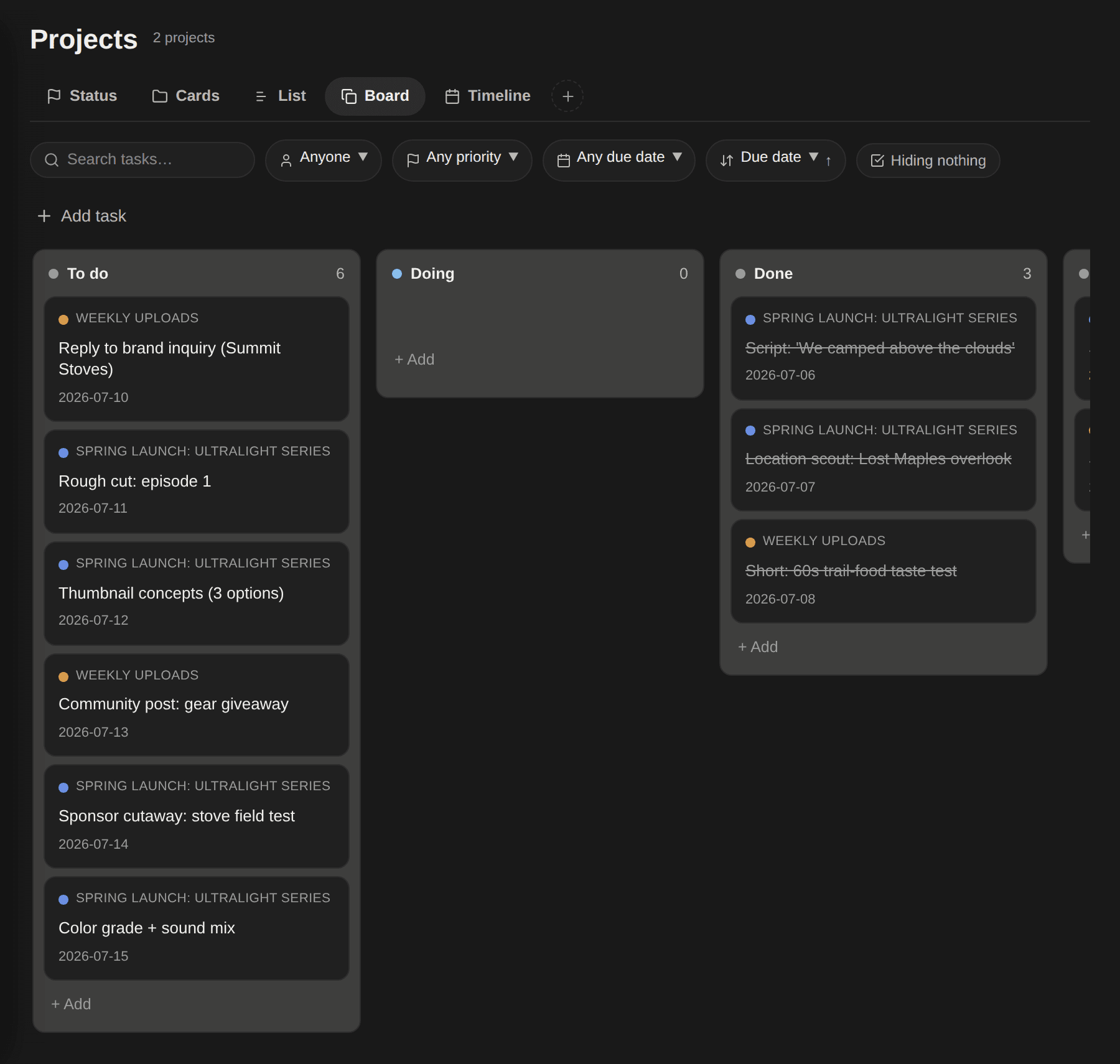CreatorTrack Projects board with production tasks grouped into To do, Doing, and Done columns